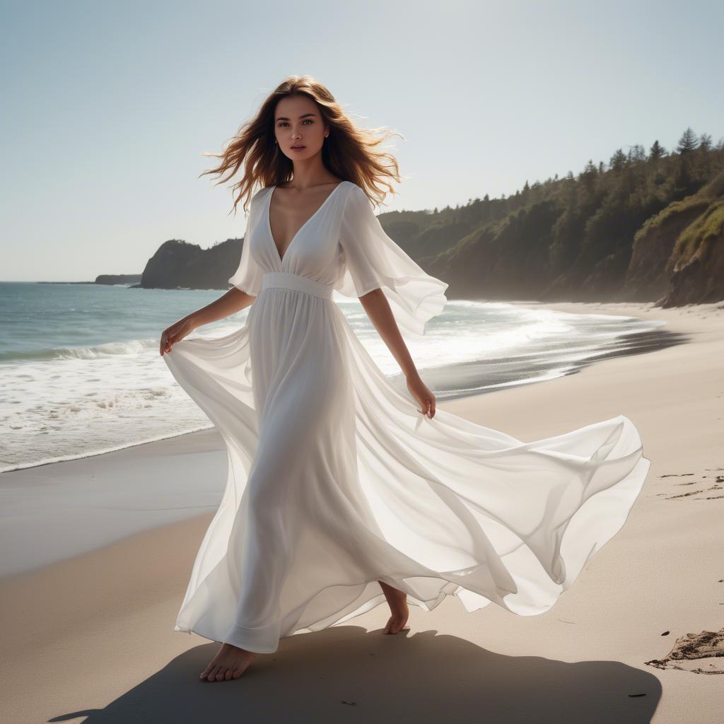 A stunning image of beachside glamour, woman in flowy white dress.