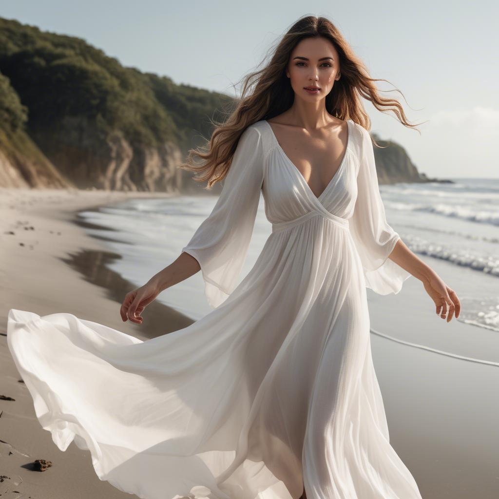 A stunning image of beachside glamour, woman in flowy white dress.