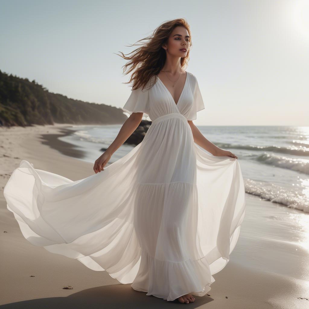 A stunning image of beachside glamour, woman in flowy white dress.