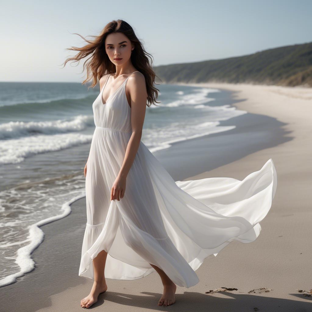 A stunning image of beachside glamour, woman in flowy white dress.