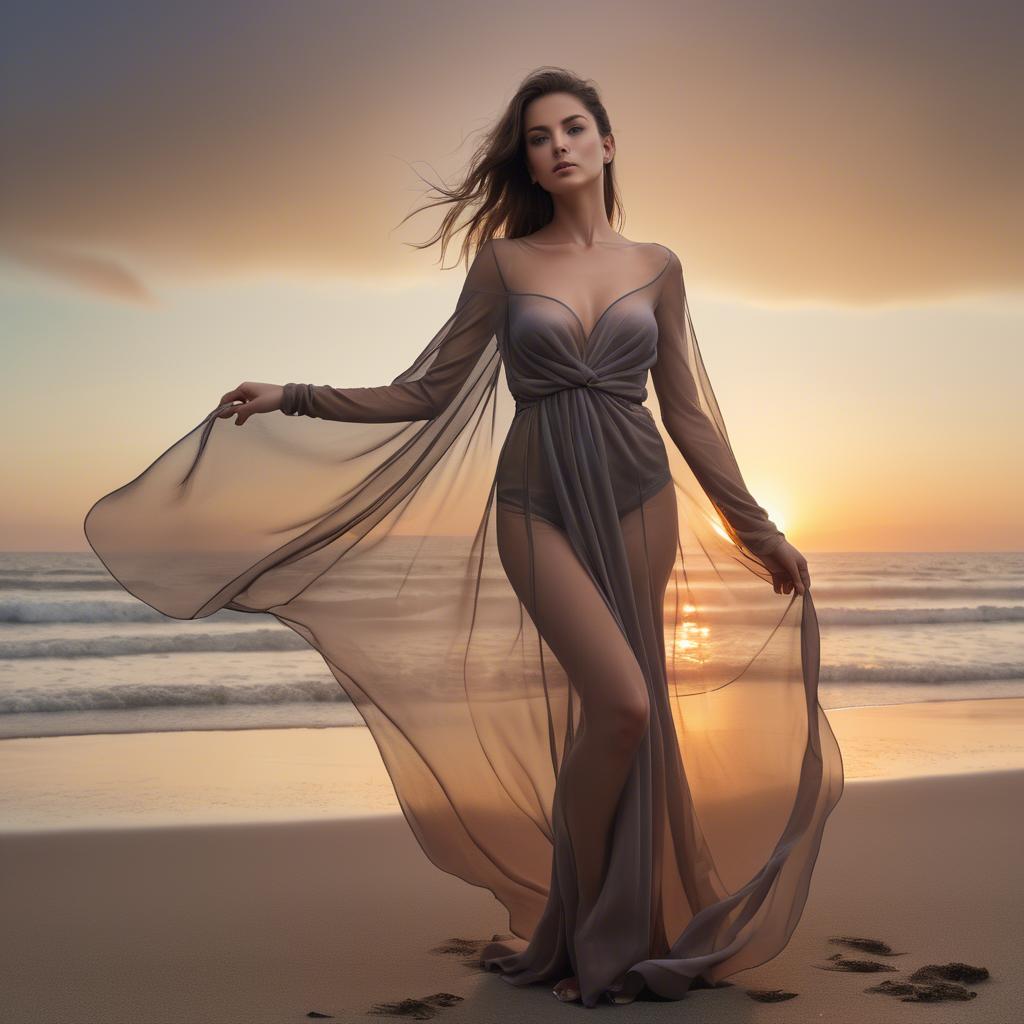A stunning image of beachside glamour, woman with sheer fabric and sunset.