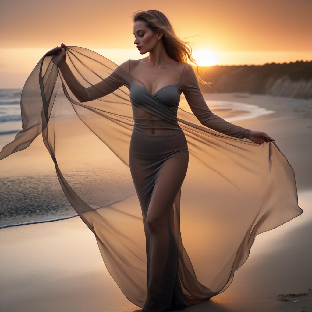 A stunning image of beachside glamour, woman with sheer fabric and sunset.
