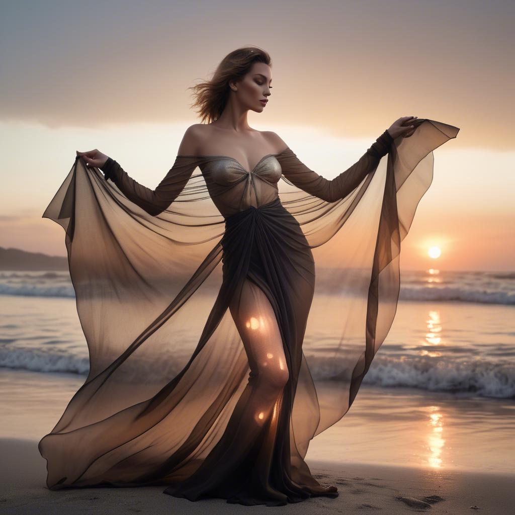 A stunning image of beachside glamour, woman with sheer fabric and sunset.