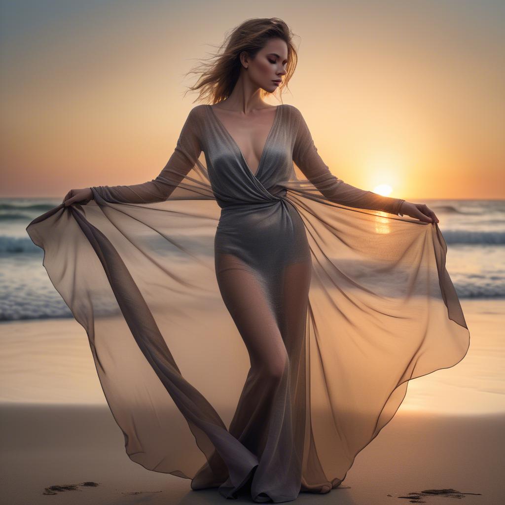 A stunning image of beachside glamour, woman with sheer fabric and sunset.