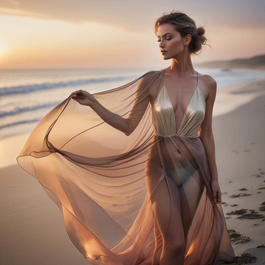 A stunning image of beachside glamour, woman with sheer fabric and sunset.