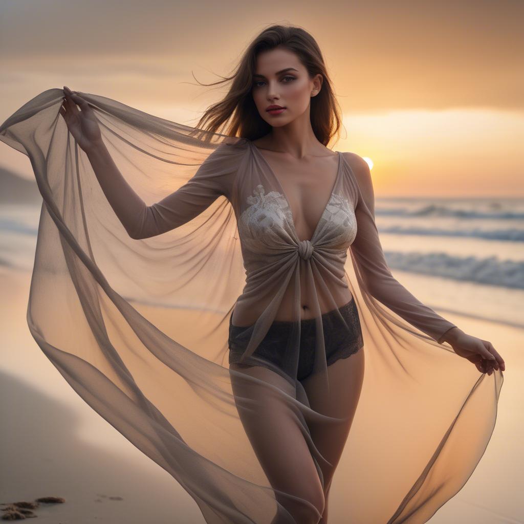 A stunning image of beachside glamour, woman with sheer fabric and sunset.