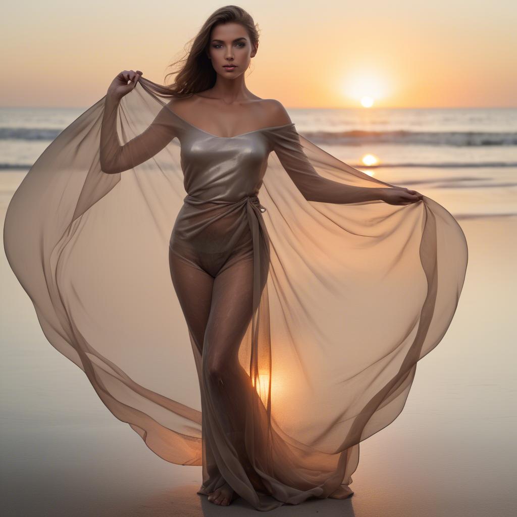 A stunning image of beachside glamour, woman with sheer fabric and sunset.