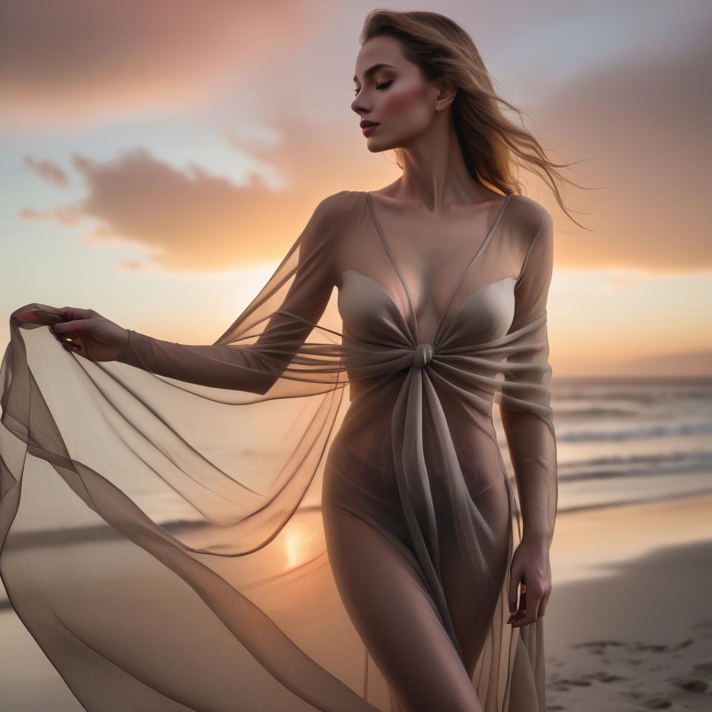 A stunning image of beachside glamour, woman with sheer fabric and sunset.