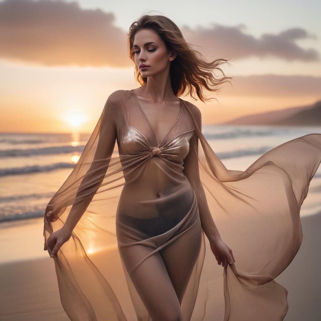 A stunning image of beachside glamour, woman with sheer fabric and sunset.