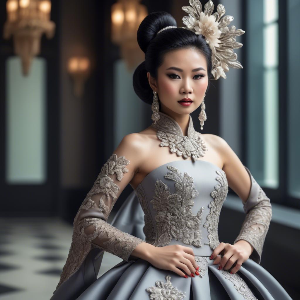 A stunning image of beautiful asian lady in modern haute couture.
