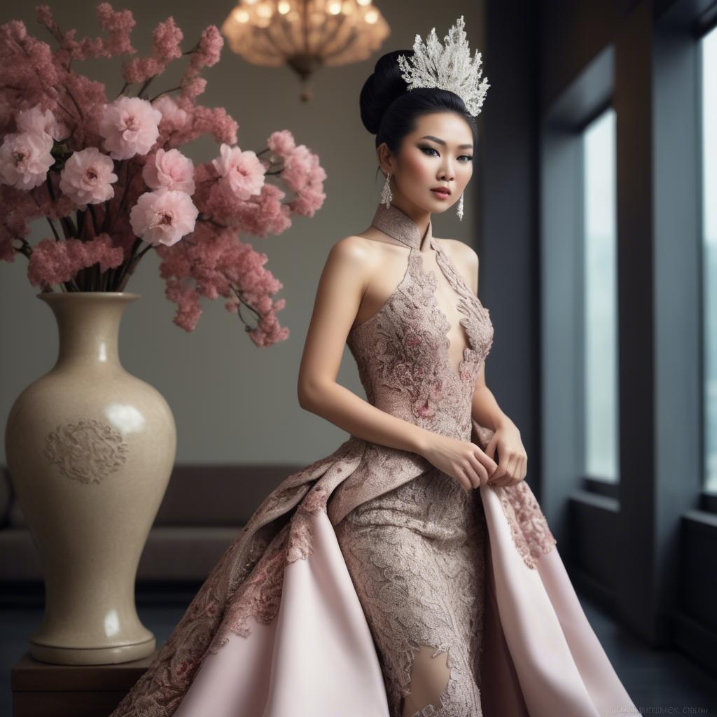 A stunning image of beautiful asian lady in modern haute couture.
