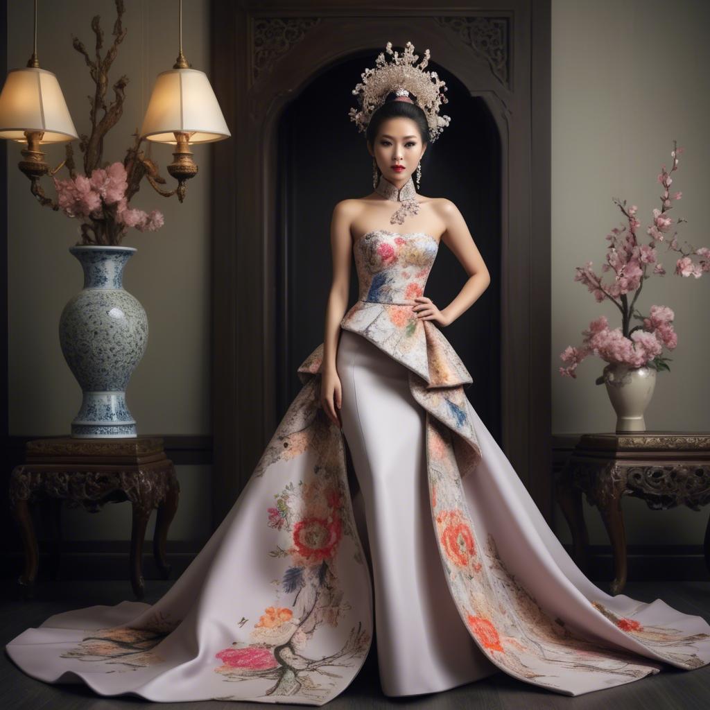 A stunning image of beautiful asian lady in modern haute couture.