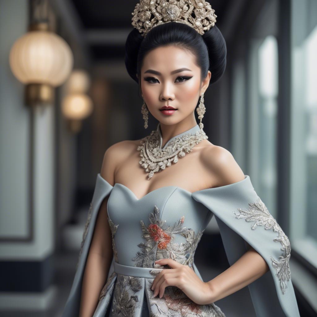 A stunning image of beautiful asian lady in modern haute couture.