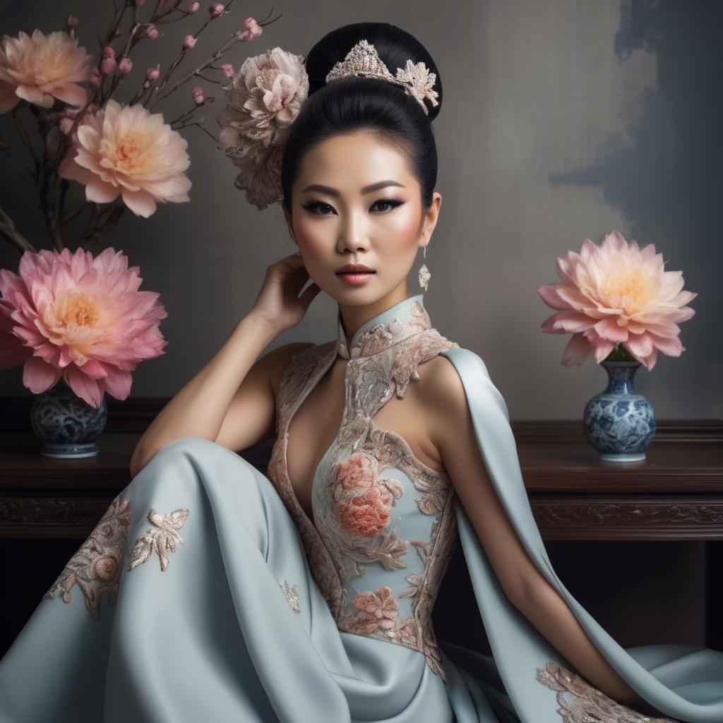 A stunning image of beautiful asian lady in modern haute couture.