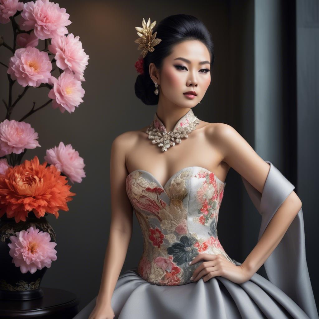 A stunning image of beautiful asian lady in modern haute couture.