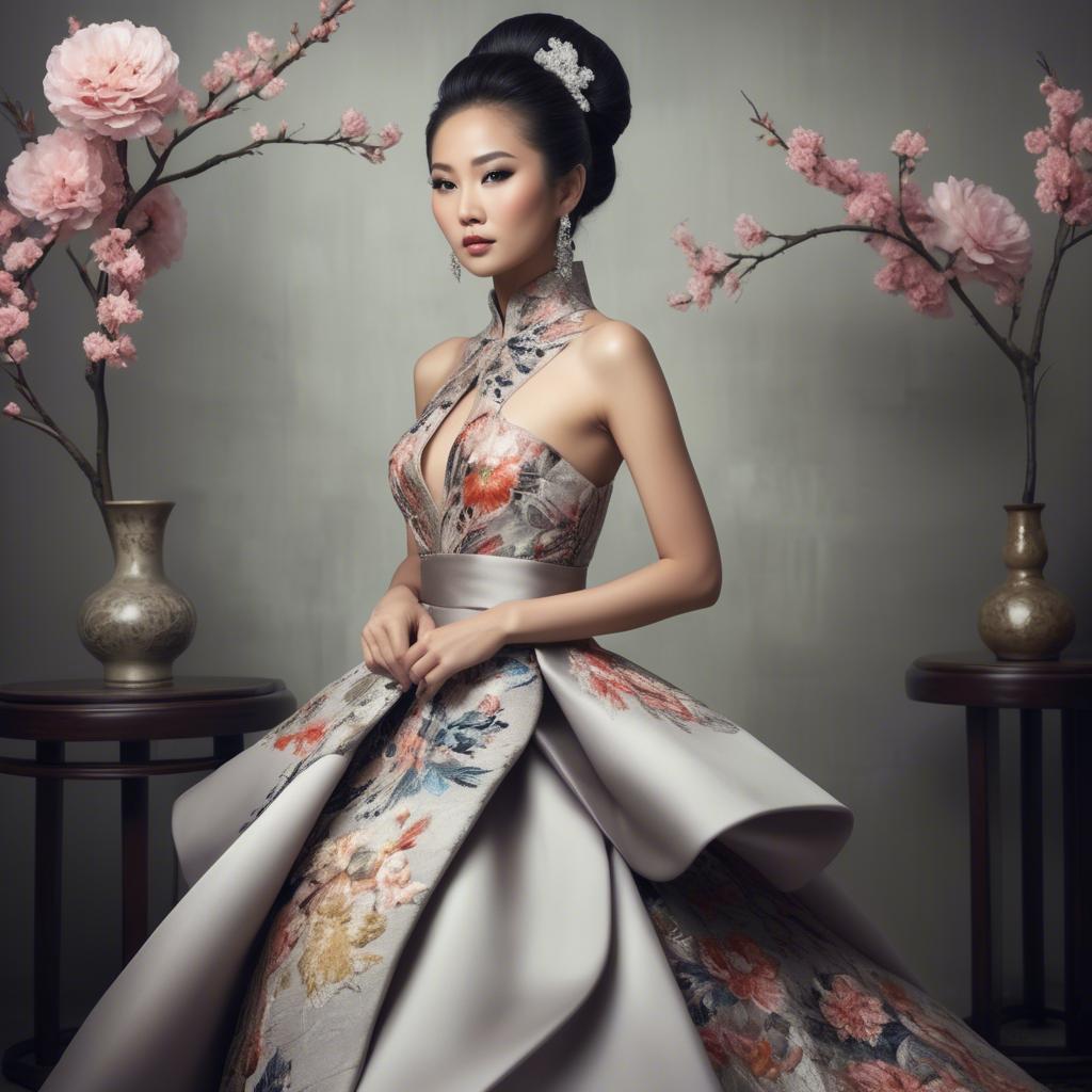 A stunning image of beautiful asian lady in modern haute couture.