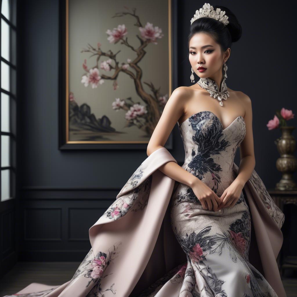 A stunning image of beautiful asian lady in modern haute couture.