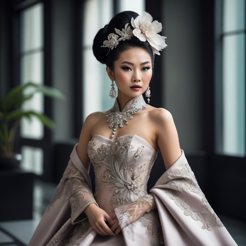 A stunning image of beautiful asian lady in modern haute couture.