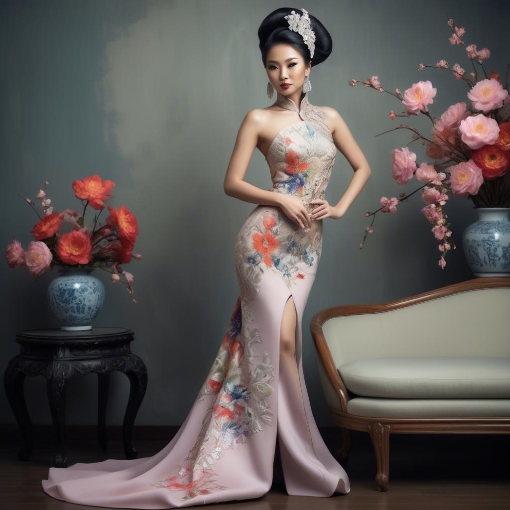 A stunning image of beautiful asian lady in modern haute couture.