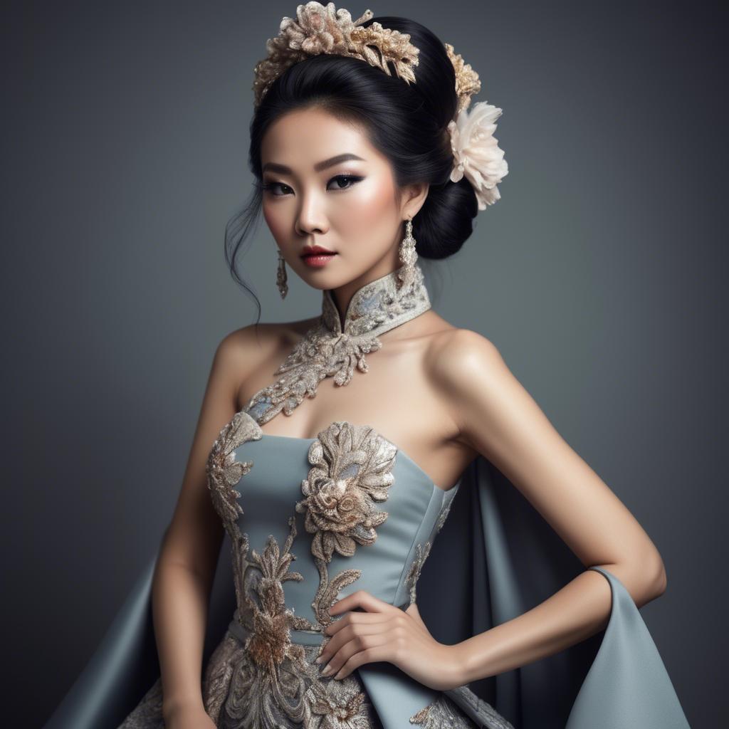 A stunning image of beautiful asian lady in modern haute couture.