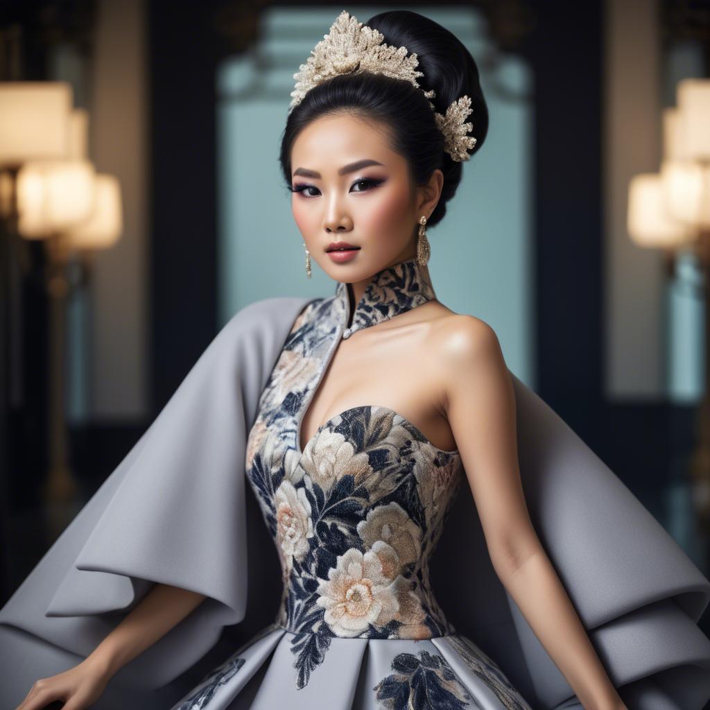 A stunning image of beautiful asian lady in modern haute couture.