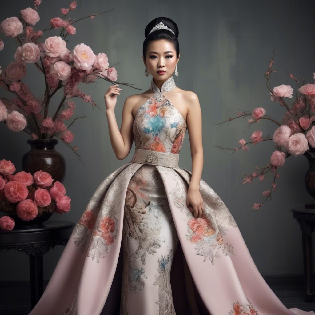 A stunning image of beautiful asian lady in modern haute couture.