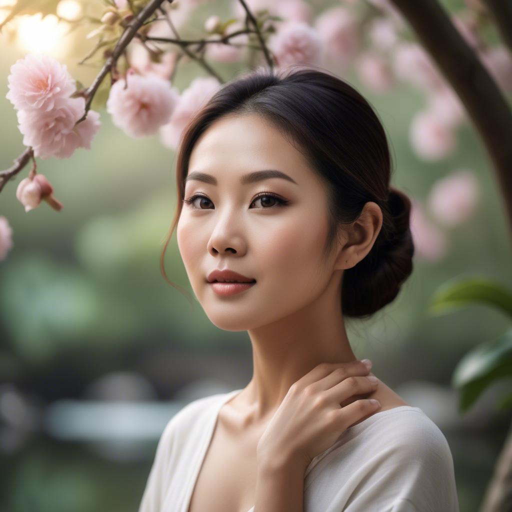 A stunning image of beautiful asian lady with glowing skin in a serene setting.