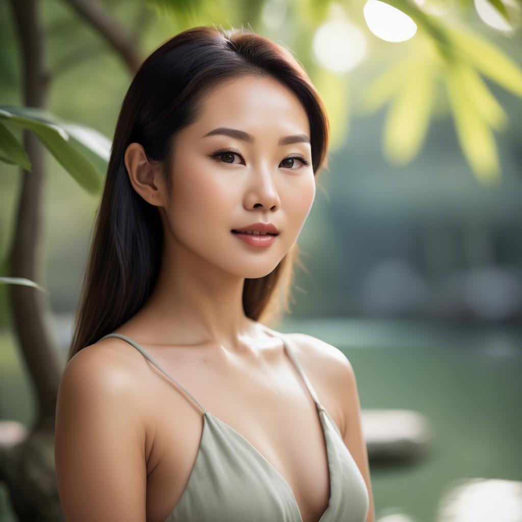 A stunning image of beautiful asian lady with glowing skin in a serene setting.