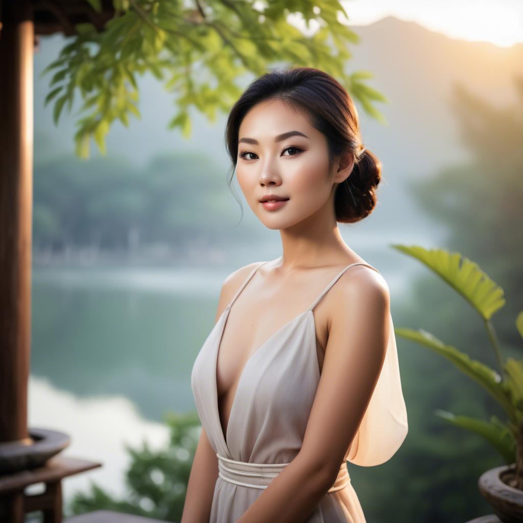 A stunning image of beautiful asian lady with glowing skin in a serene setting.