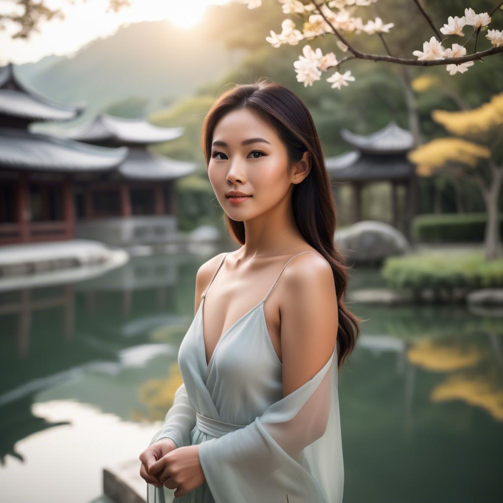A stunning image of beautiful asian lady with glowing skin in a serene setting.
