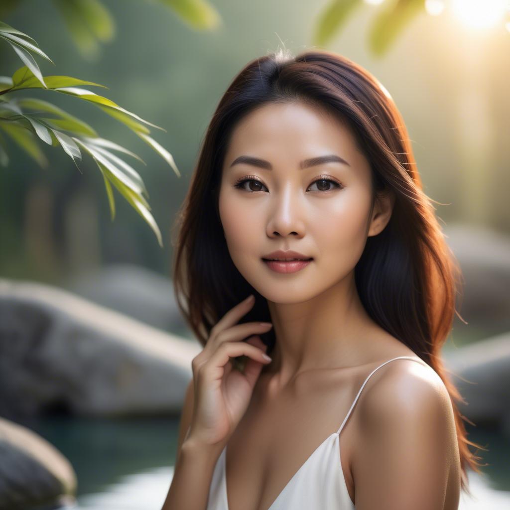A stunning image of beautiful asian lady with glowing skin in a serene setting.
