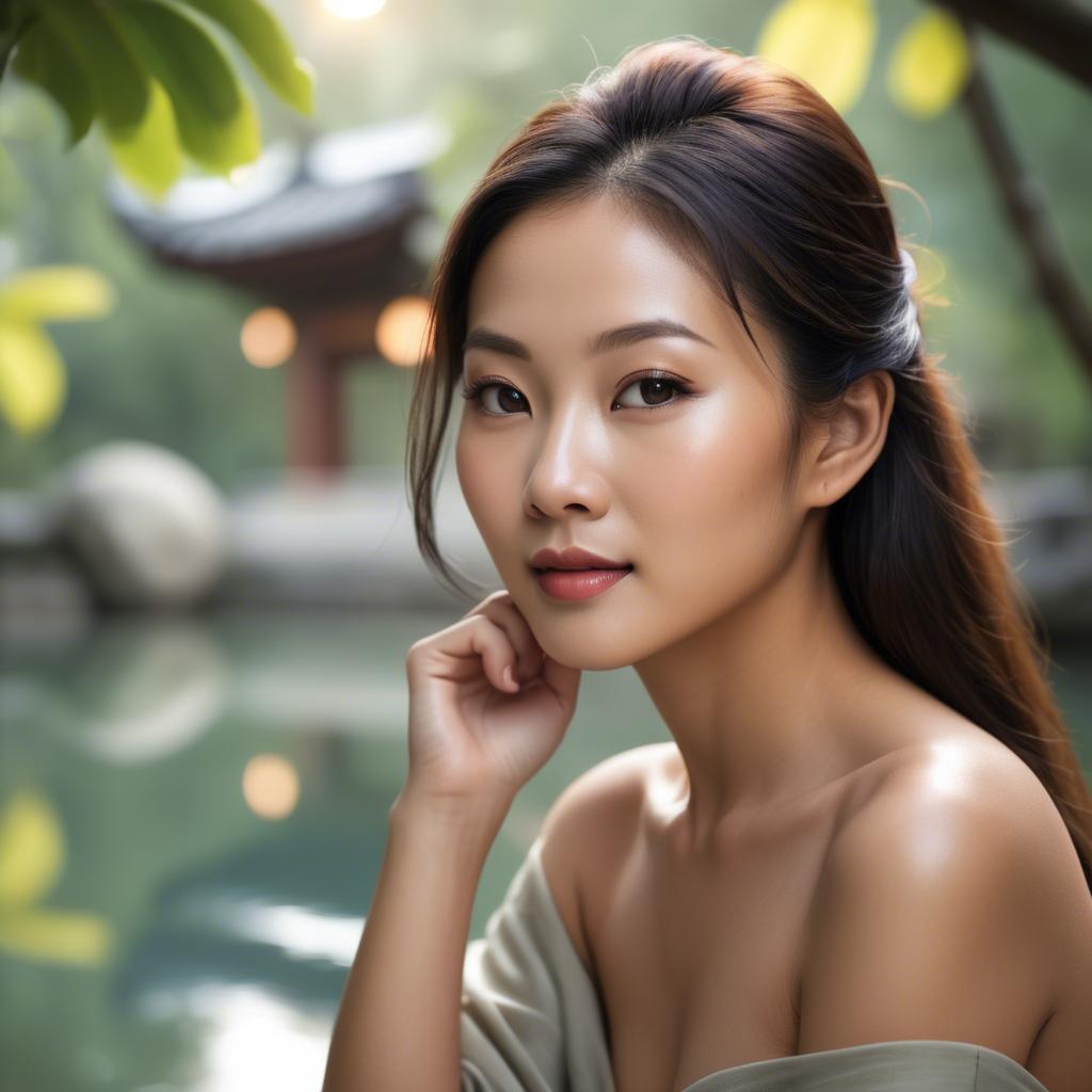 A stunning image of beautiful asian lady with glowing skin in a serene setting.