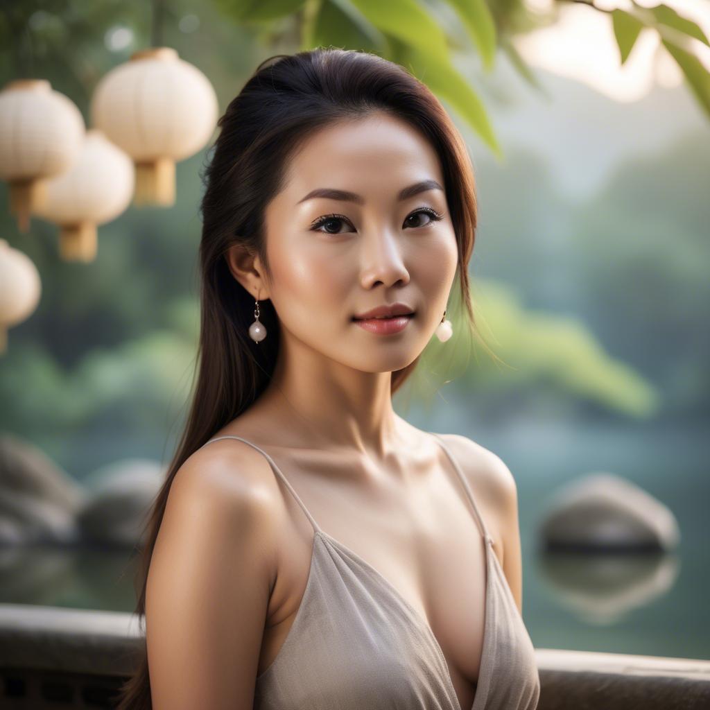 A stunning image of beautiful asian lady with glowing skin in a serene setting.