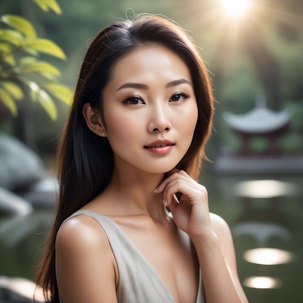 A stunning image of beautiful asian lady with glowing skin in a serene setting.