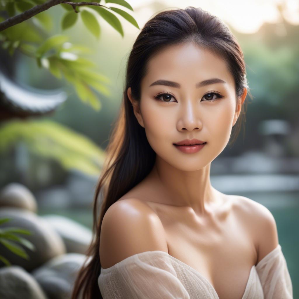 A stunning image of beautiful asian lady with glowing skin in a serene setting.