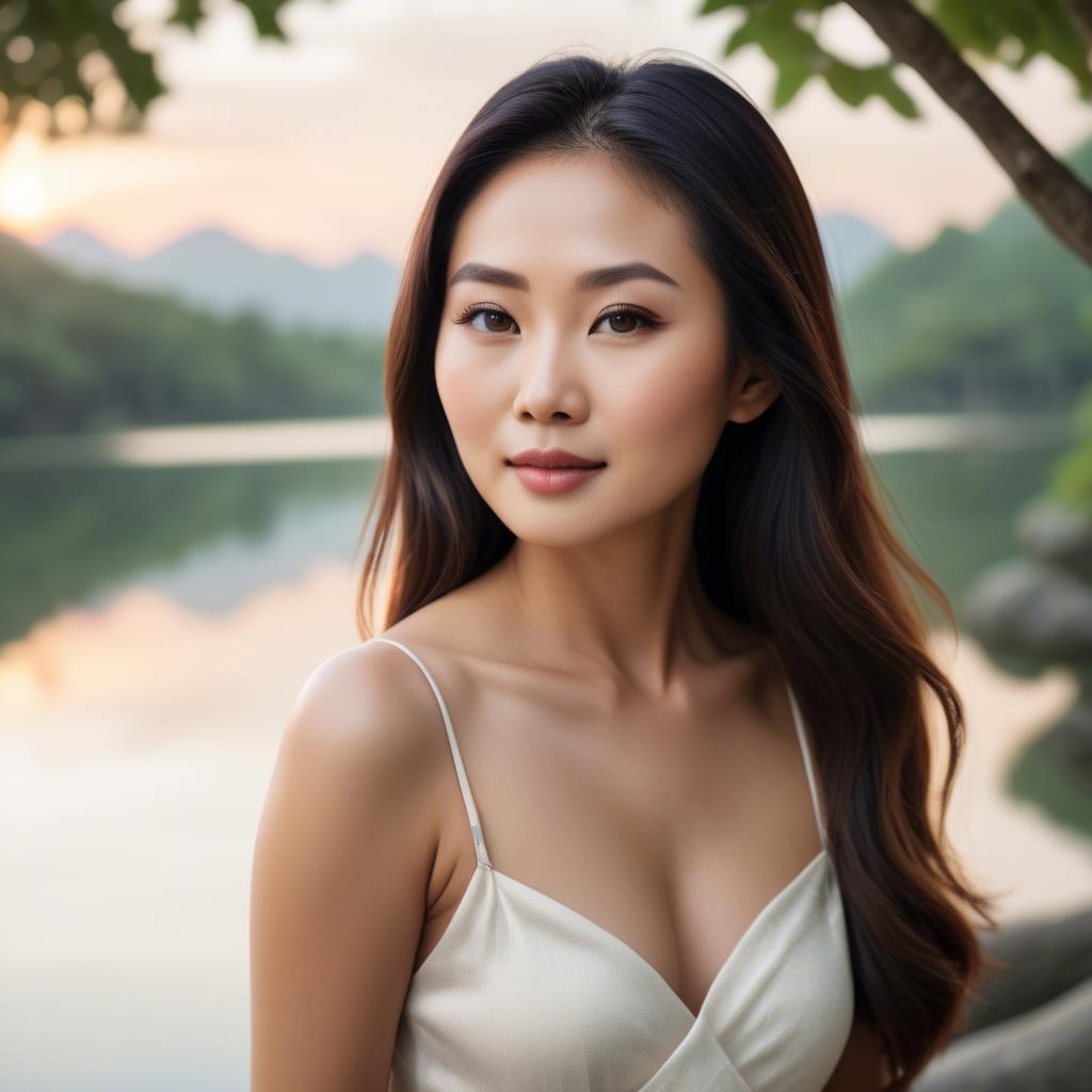 A stunning image of beautiful asian lady with glowing skin in a serene setting.