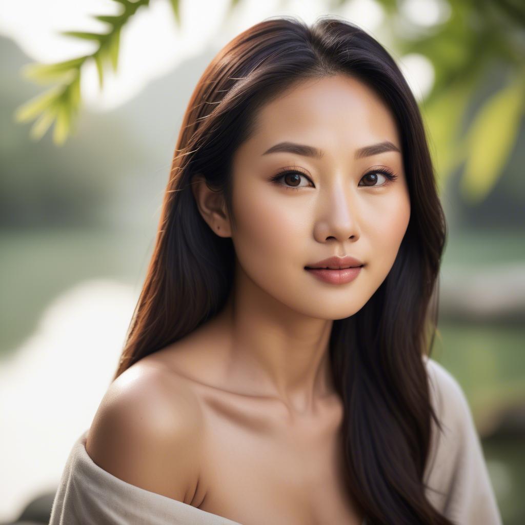 A stunning image of beautiful asian lady with glowing skin in a serene setting.