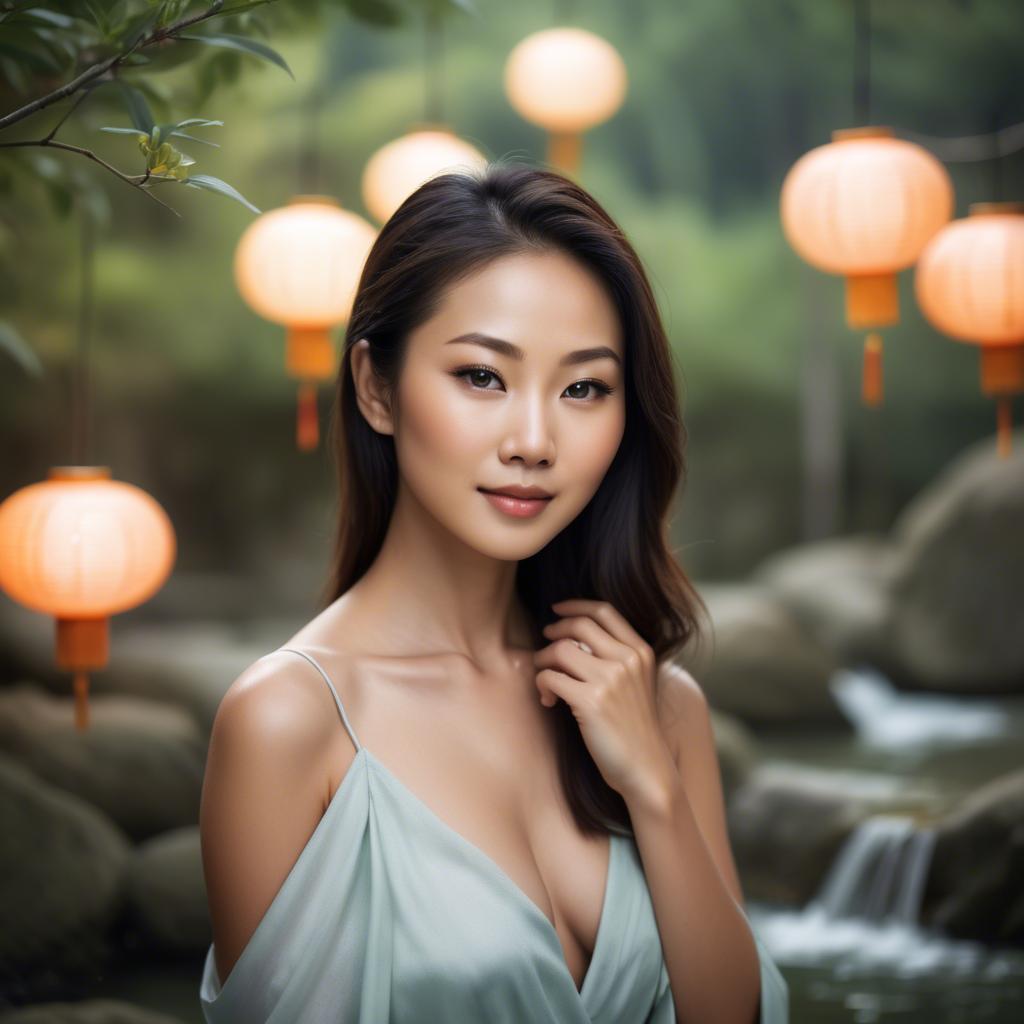 A stunning image of beautiful asian lady with glowing skin in a serene setting.