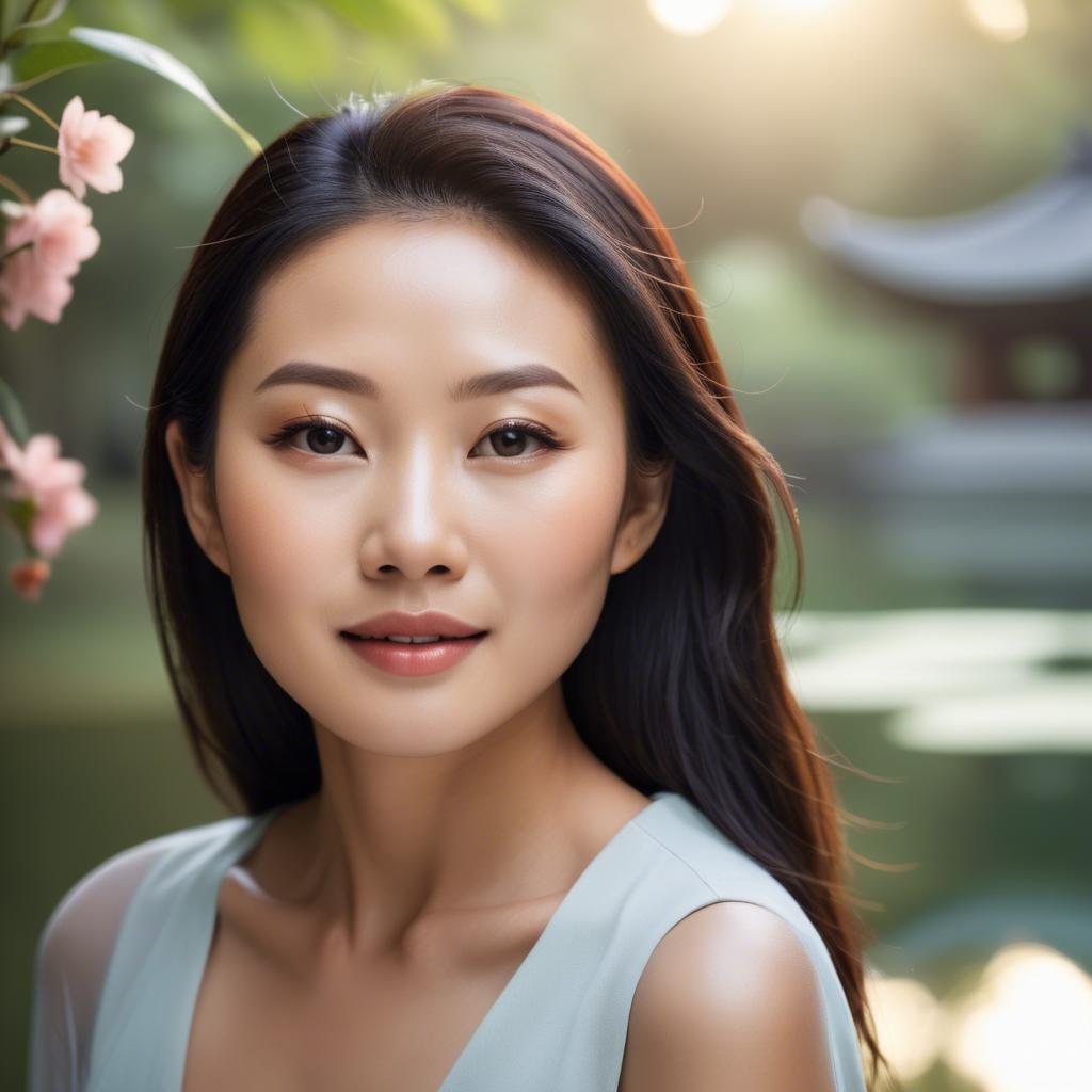 A stunning image of beautiful asian lady with glowing skin in a serene setting.