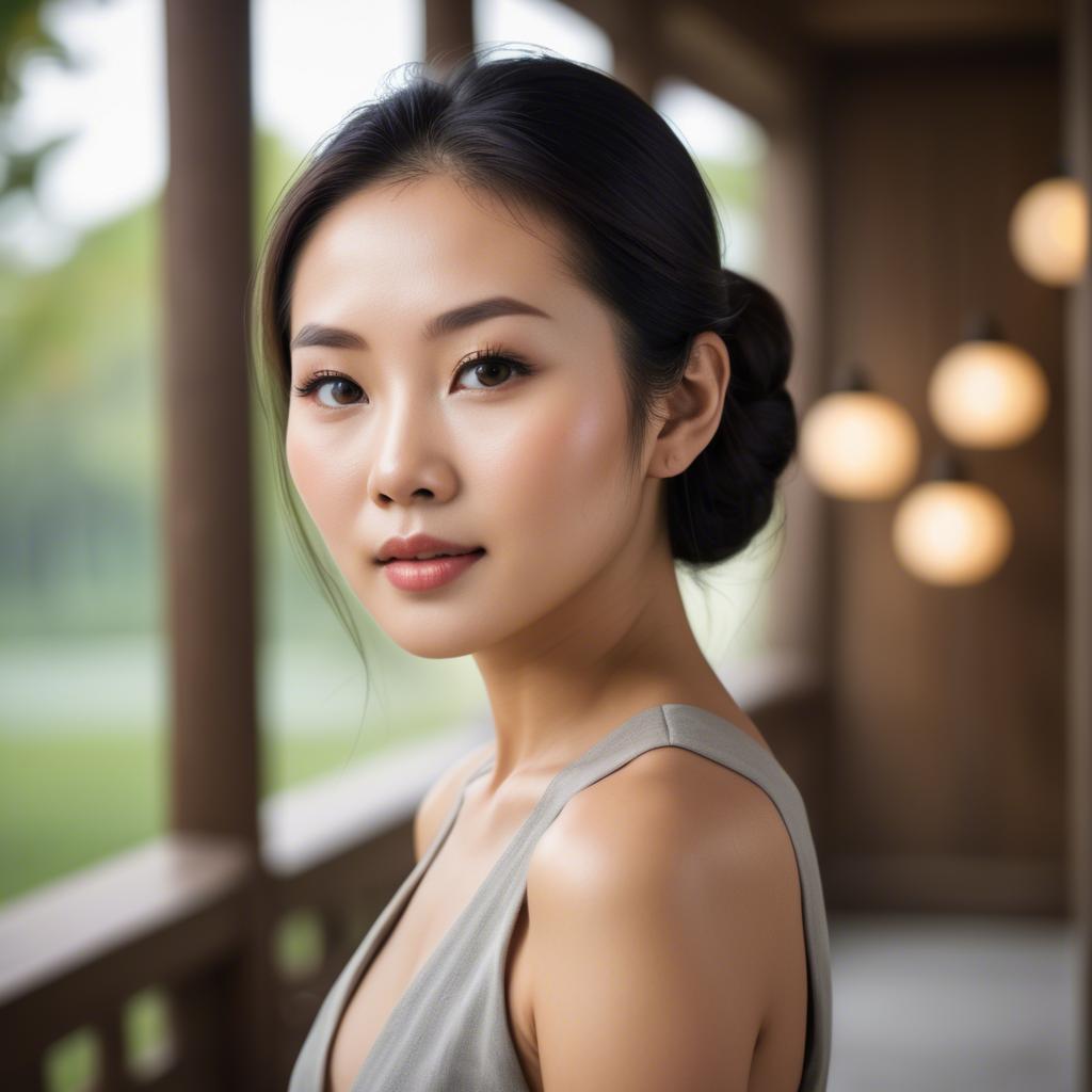 A stunning image of beautiful asian lady with glowing skin in a serene setting.
