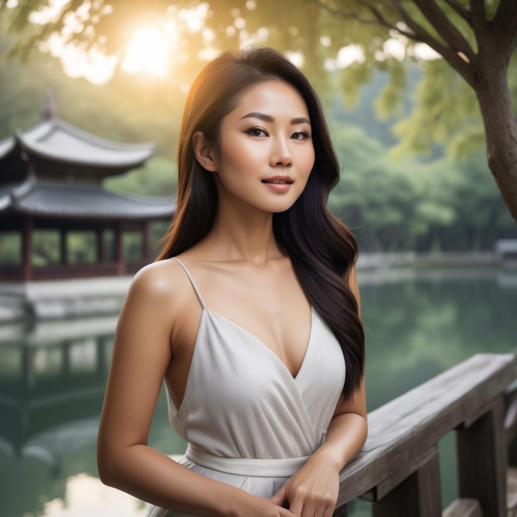 A stunning image of beautiful asian lady with glowing skin in a serene setting.