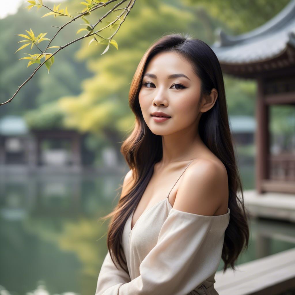 A stunning image of beautiful asian lady with glowing skin in a serene setting.