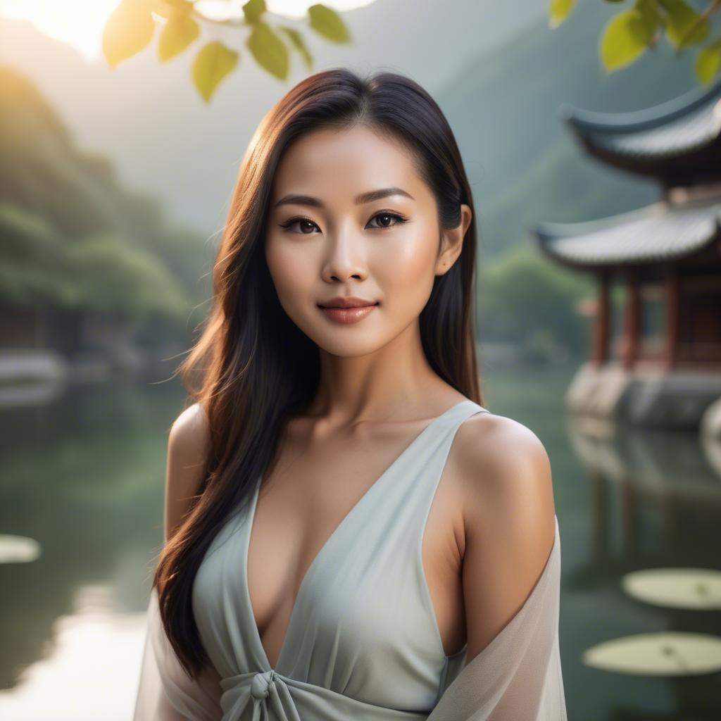 A stunning image of beautiful asian lady with glowing skin in a serene setting.