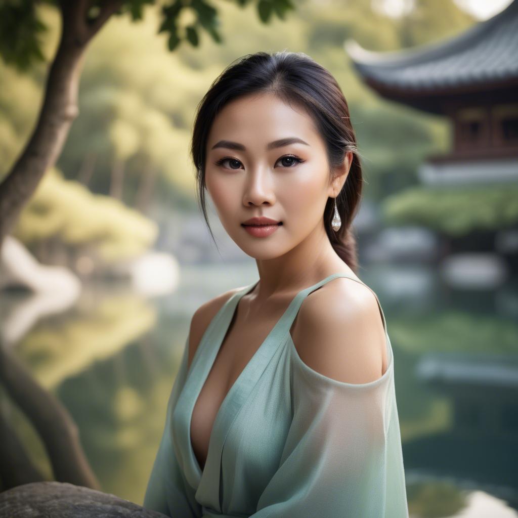 A stunning image of beautiful asian lady with glowing skin in a serene setting.