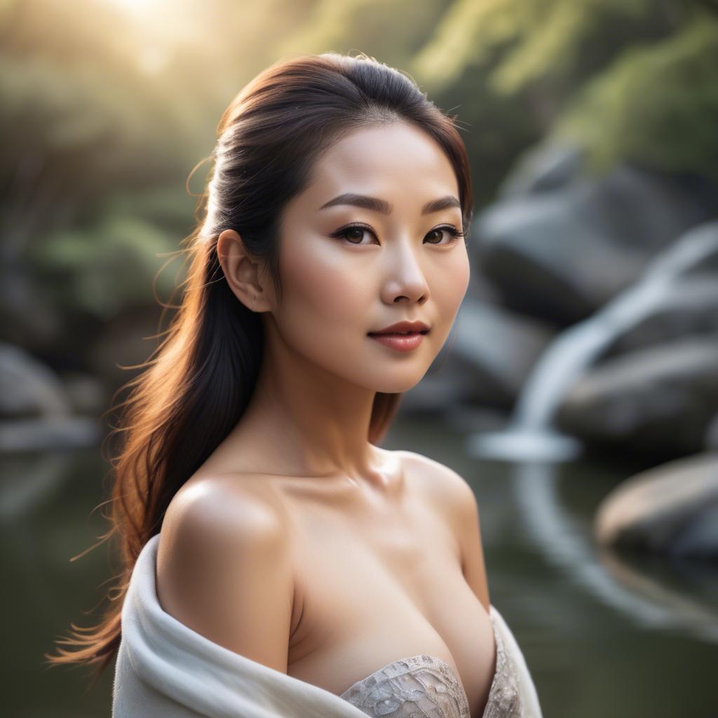 A stunning image of beautiful asian lady with glowing skin in a serene setting.