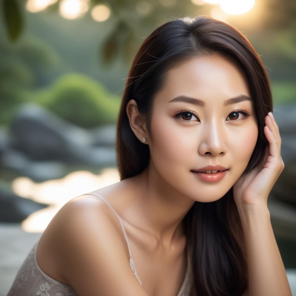A stunning image of beautiful asian lady with glowing skin in a serene setting.