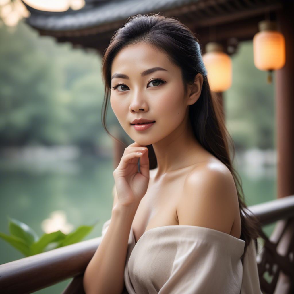 A stunning image of beautiful asian lady with glowing skin in a serene setting.