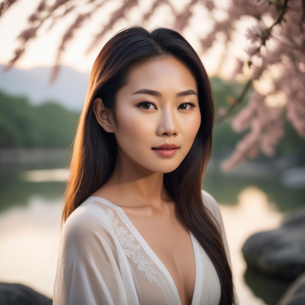 A stunning image of beautiful asian lady with glowing skin in a serene setting.