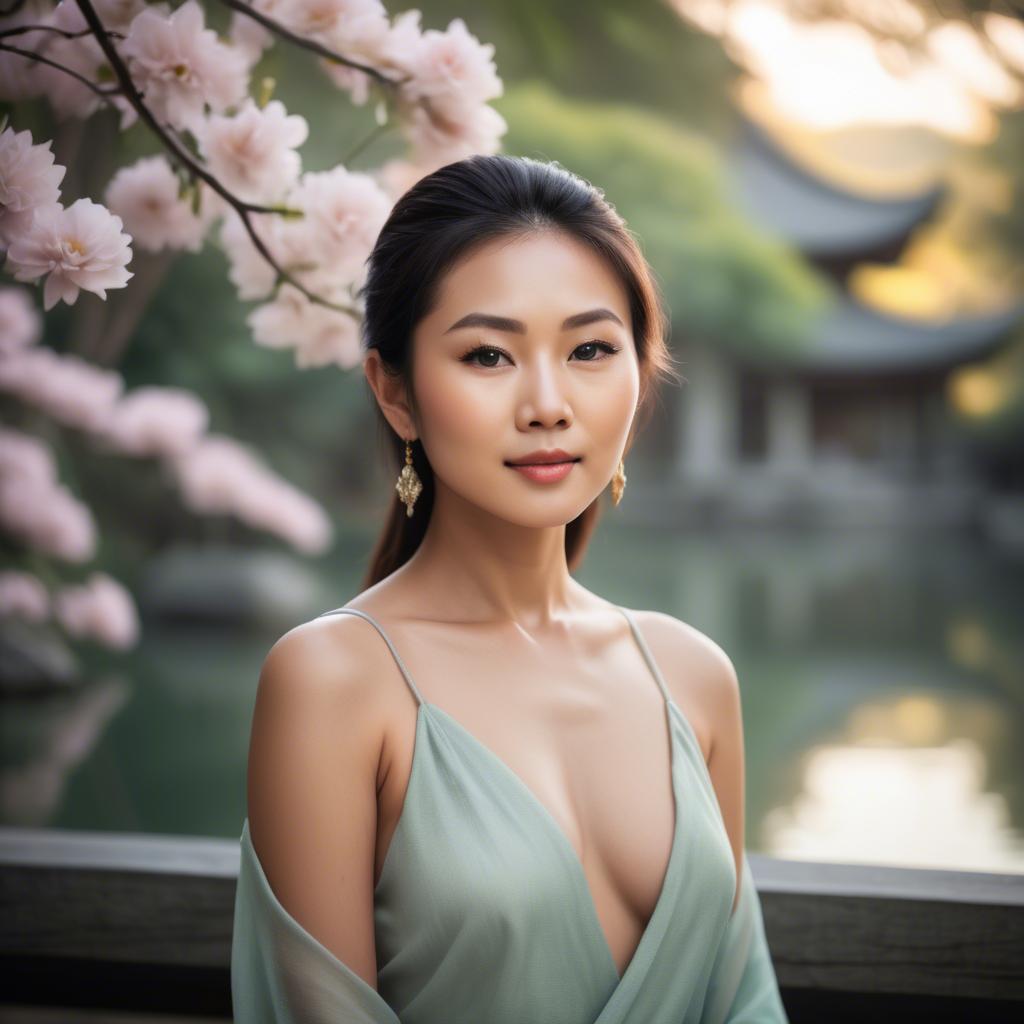 A stunning image of beautiful asian lady with glowing skin in a serene setting.
