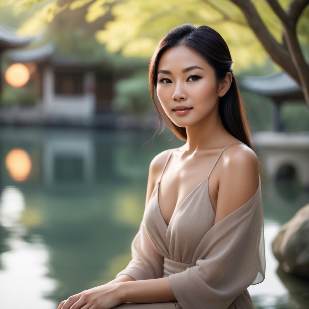 A stunning image of beautiful asian lady with glowing skin in a serene setting.